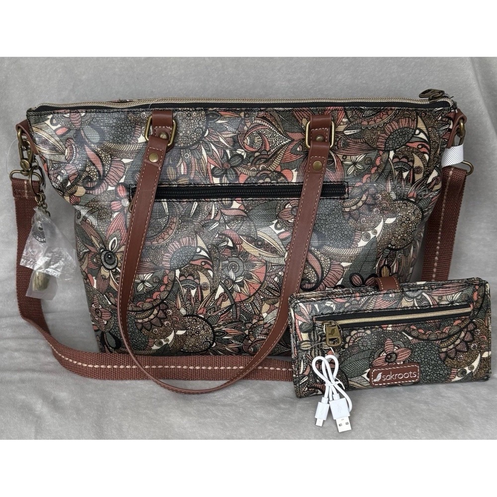 Sakroots Artist Circle Sienna City Satchel Tote Bag Rae Slim Wallet Owl Charm